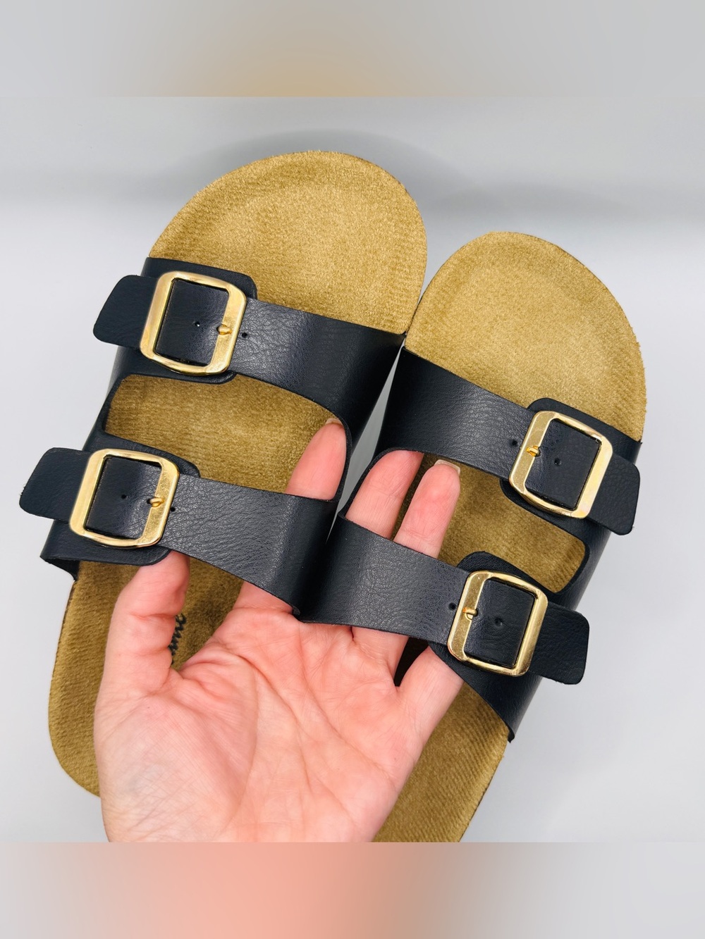 NWT Classic Double Buckle Black Cork Footbed Sandals - Size 9 - Picture 3 of 8
